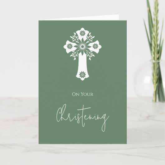 Floral Cross Card Christening Fern Green Karte (Vorderseite)