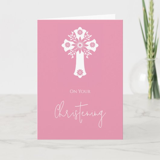 Floral Cross Card Christening Rose Pink Karte (Vorderseite)