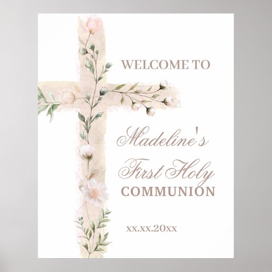 floral cross First Communion welcome sign Poster (Vorne)