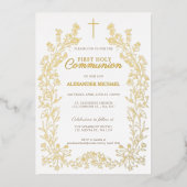 Floral Cross First Holy Communion Religious Folieneinladung (Vorderseite)