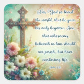 Floral Cross John 3:16 Bible Verse Oster Quadratischer Aufkleber (Vorderseite)