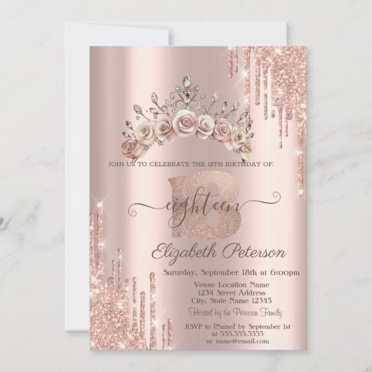 Floral Crown Glitter Drips Rose Gold 18th  Einladung (Vorderseite)