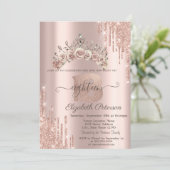 Floral Crown Glitter Drips Rose Gold 18th  Einladung (Stehend Vorderseite)