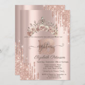 Floral Crown Glitter Drips Rose Gold 18th  Einladung (Vorne/Hinten)