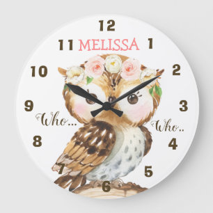 Floral Crown Owl Nursery Wall Clock Große Wanduhr