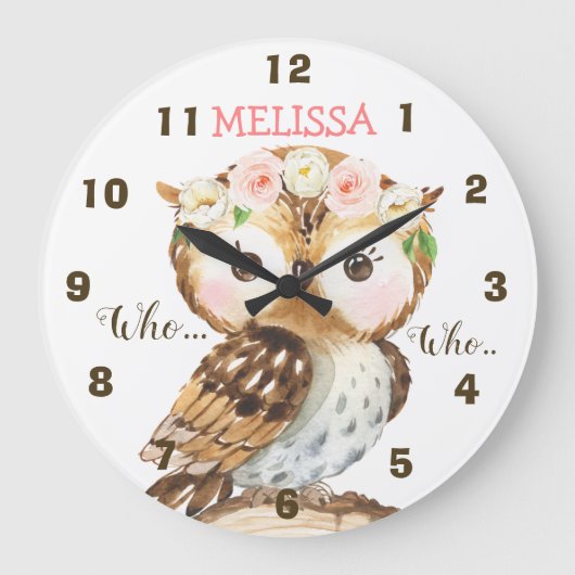 Floral Crown Owl Nursery Wall Clock Große Wanduhr (Vorderseite)