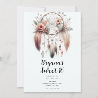 Floral Crystal Feather Dreamcatcher Boho Sweet 16 Einladung
