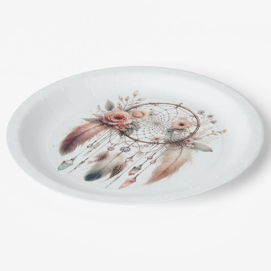 Floral Crystal Feather Dreamcatcher Boho Sweet 16 Pappteller (Schrägansicht)