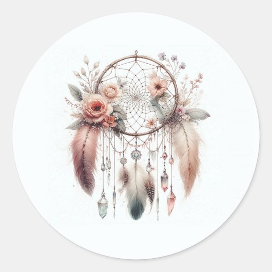 Floral Crystal Feather Dreamcatcher Boho Sweet 16 Runder Aufkleber (Vorderseite)