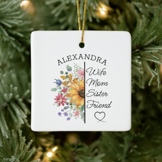 Floral Custom Name & Text Wife Mom Sister Friend Keramikornament (Baum)