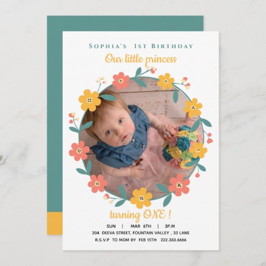 Floral Custom Photo 1st Birthday Einladung (Vorne/Hinten)