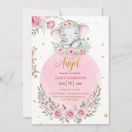 Floral Cute Elephant Girl Baby Shower Invitation (Vorderseite)