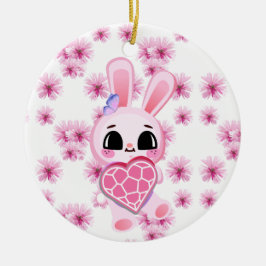 Floral cute pink rabbit easter keramik ornament