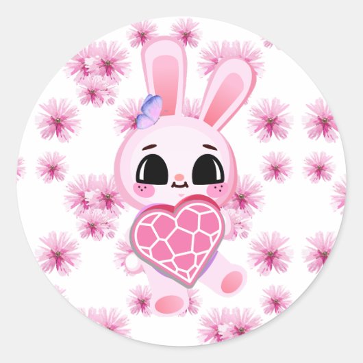 Floral cute pink rabbit easter runder aufkleber (Vorderseite)