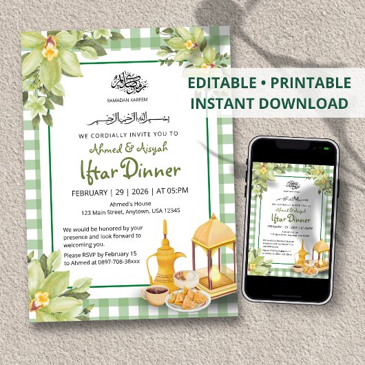 Floral Cute Sage Green Gingham Ramadan Iftar Einladung