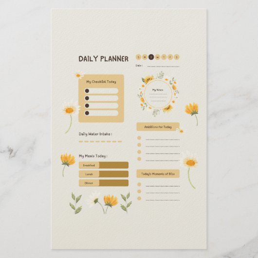 Floral Daily Planner with Sunflowers & Daisies Briefpapier (Vorderseite)