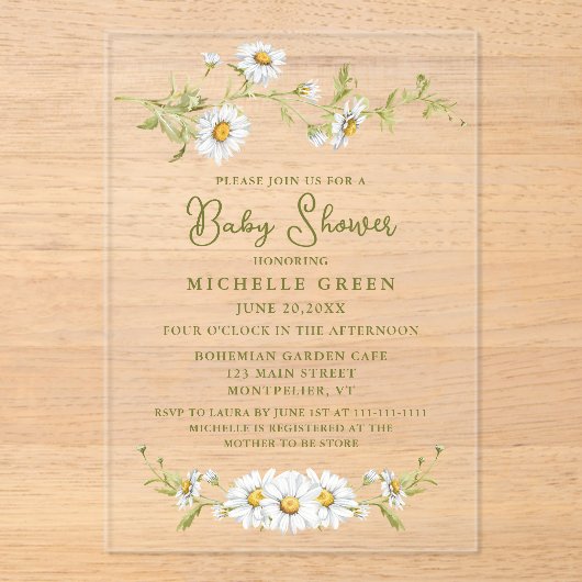 Floral Daisy Garden Botanical Baby Shower Acryleinladungen (Vorderseite)