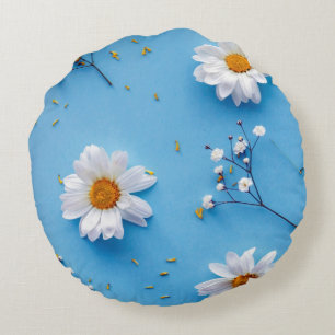 Floral Daisy Muster - Light Blue Rundes Kissen