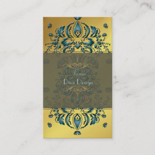 Floral Damask Aquamarines Gold Visitenkarte (Vorderseite)