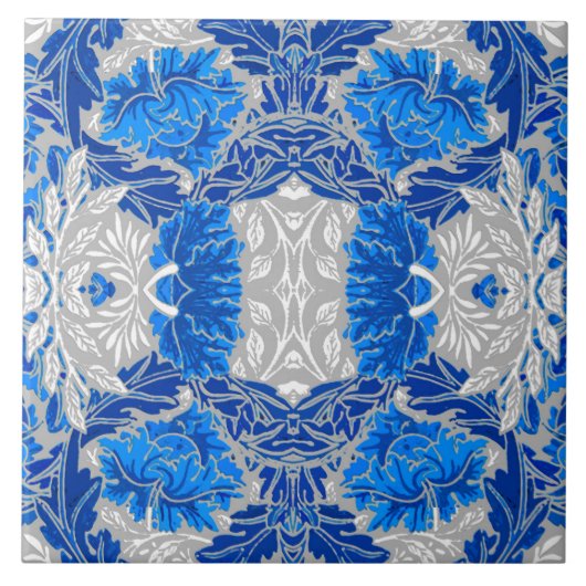 Floral Damask, Sapphire Blue und Grau Fliese (Vorderseite)