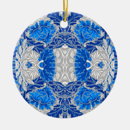 Floral Damask, Sapphire Blue und Grau Keramik Ornament (Vorne)