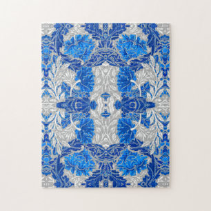 Floral Damask, Sapphire Blue und Grau Puzzle