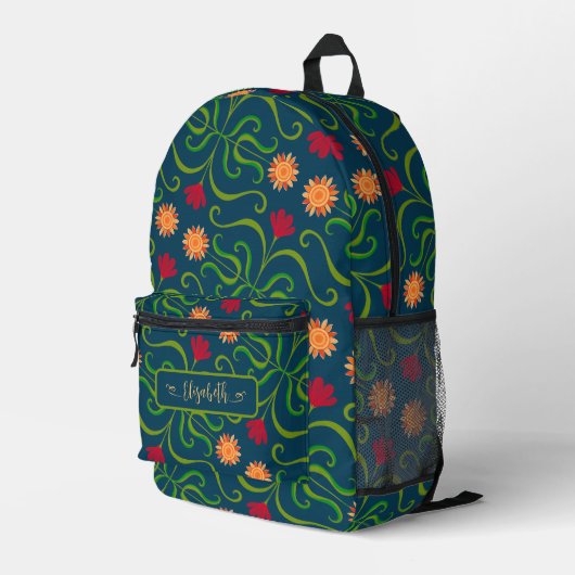 Floral Damask Sonnenblume Boho Navy Blauer Volksku Bedruckter Rucksack (Rückseitige Ecke Rechts)