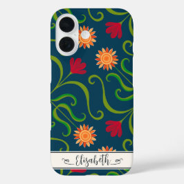 Floral Damask Sonnenblume Boho Navy Blauer Volksku iPhone 16 Hülle