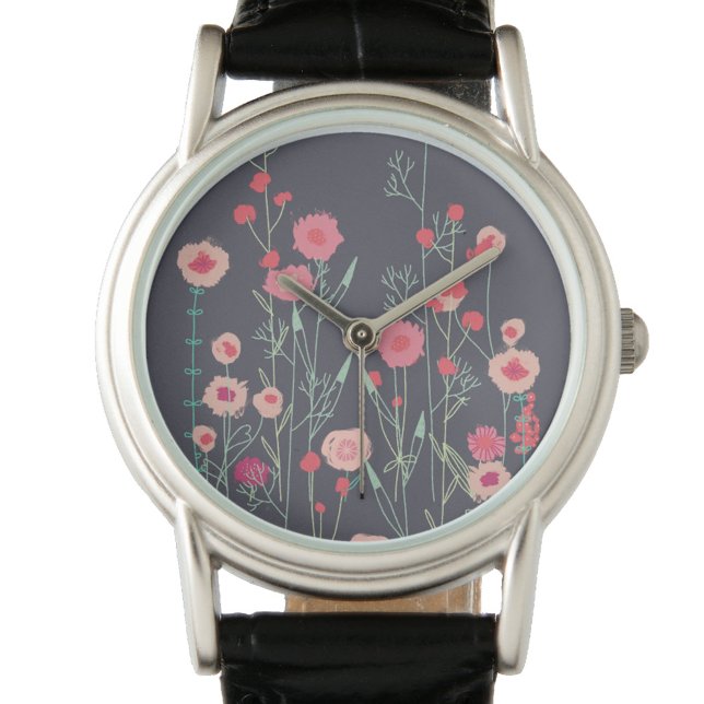 Floral Dark Armbanduhr (Wildflower painting pink and gray art watch)
