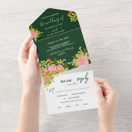 Floral Dark Green Wedding Botanic All In One Einladung