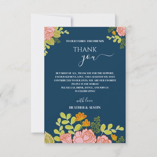 Floral Dark Navy Blue Wedding Botanic Vielen Dank Dankeskarte (Vorderseite)