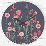 Floral Dark Runde Wanduhr<br><div class="desc">Moderne Bohemische botanische Kunst. Hübsche bohobolde lockere rosa Blumenmalerei auf dunkelgrauem Hintergrund. Originelle Kunst von Nic Squirrell.</div>