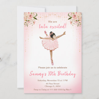 Floral Dark Skin Ballerina Geburtstag Einladung