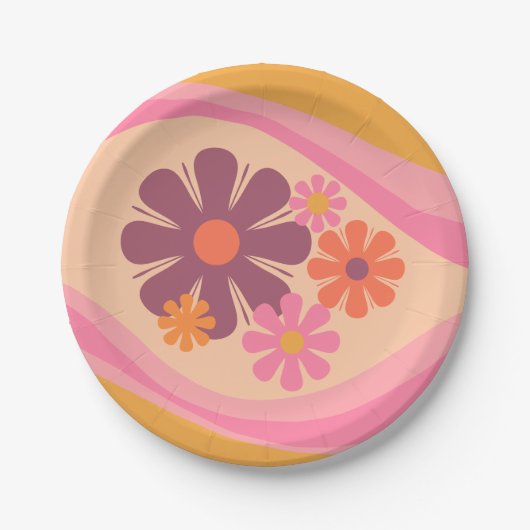 Floral Daydream Retro Blume Muster Rosa Orange Pappteller (Vorderseite)