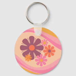 Floral Daydream Retro Blume Muster Rosa Orange Schlüsselanhänger