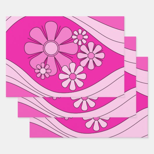 Floral Daydream Retro Hot Pink 60er Blume Geschenkpapier Set (Set)