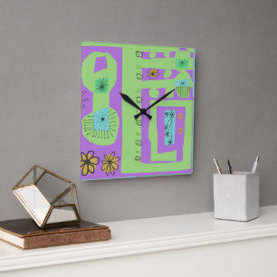 Floral Decal Ethnic Print Green Lila Black Quadratische Wanduhr
