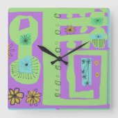 Floral Decal Ethnic Print Green Lila Black Quadratische Wanduhr (Vorderseite)