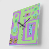 Floral Decal Ethnic Print Green Lila Black Quadratische Wanduhr (Winkel)