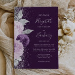 Floral Deep Lila Silver Glitzer Hochzeit Einladung<br><div class="desc">Die links Seite dieses eleganten,  modernen Hochzeitseinladens besticht durch einen Blumenstrauß in lila und Lavendeltönen,  bestickt mit Silberfolie aus Imitat und Imitat Glitzer und mit silberfarbenem Imitat-Glitzer. Der individuell anpassbare Text verbindet hellsilbergraue Handschrift,  Copperplate und kursiv Schriftart auf einem tiefen lila Hintergrund. Die Rückseite weist ein passendes Blumendesign auf.</div>