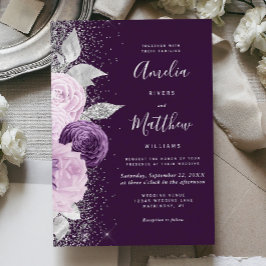 Floral Deep Purple Silver Glitter Wedding Folieneinladung