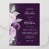 Floral Deep Purple Silver Glitter Wedding Folieneinladung (Vorderseite)