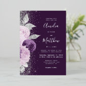 Floral Deep Purple Silver Glitter Wedding Folieneinladung (Stehend vorne)