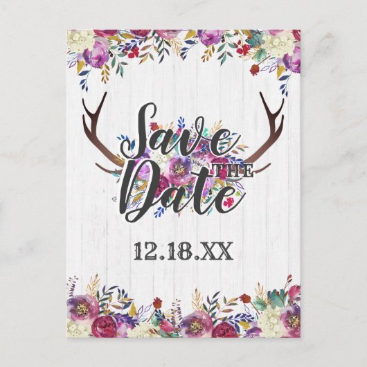 Floral Deer Antler Bouquet Burgundy Save the Date Ankündigungspostkarte (Vorderseite)