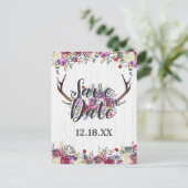 Floral Deer Antler Bouquet Burgundy Save the Date Ankündigungspostkarte (Stehend Vorderseite)