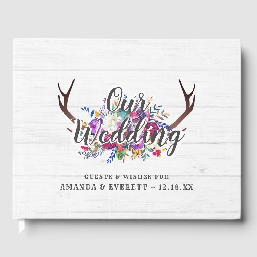 Floral Deer Antler Bouquet Rustic Wedgram Gästebuch (Vorderseite)