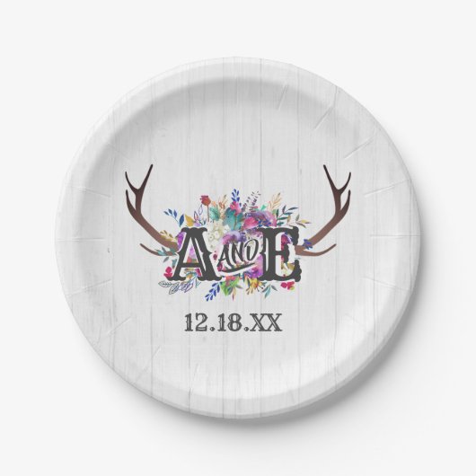 Floral Deer Antler Bouquet Rustic Wedgram Pappteller (Vorderseite)