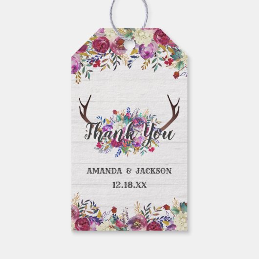 Floral Deer Antler Bouquet Wedding Vielen Dank Geschenkanhänger (Rückseite)