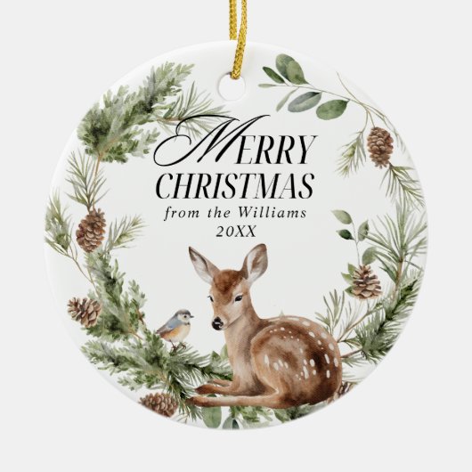 Floral Deer Elegant Moderne frohe Weihnachten Keramik Ornament (Vorne)