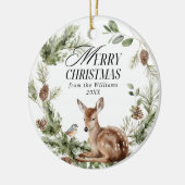 Floral Deer Elegant Moderne frohe Weihnachten Keramik Ornament (Links)